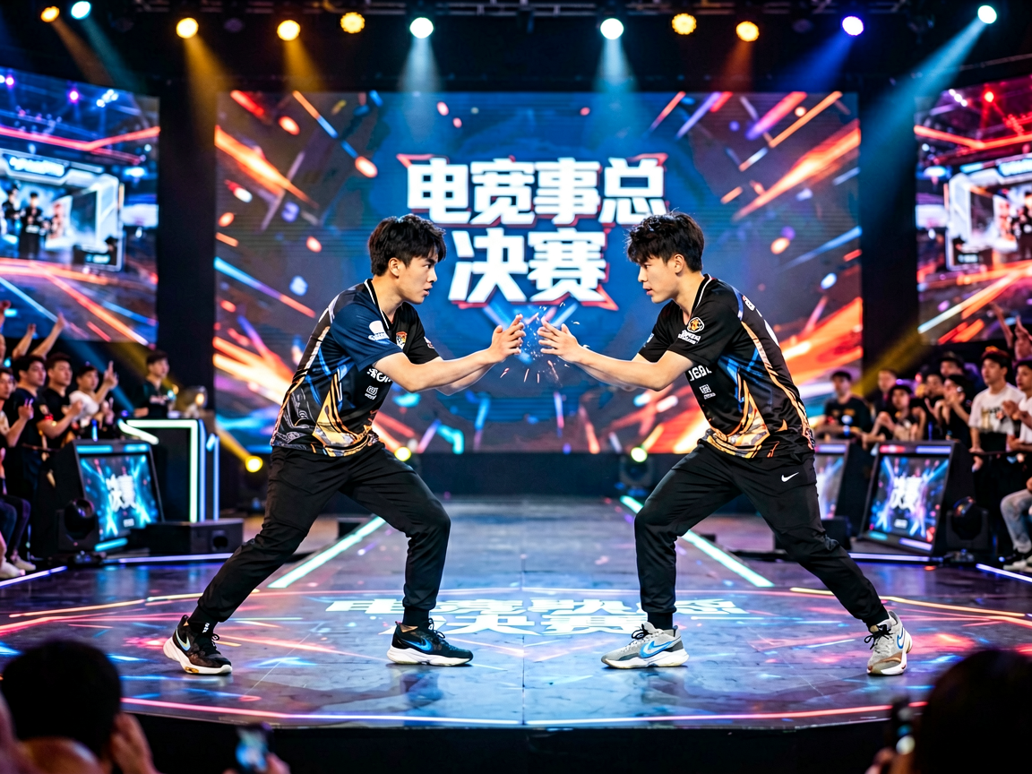 电竞赛事总决赛现场,选手在舞台中央进行激烈对决